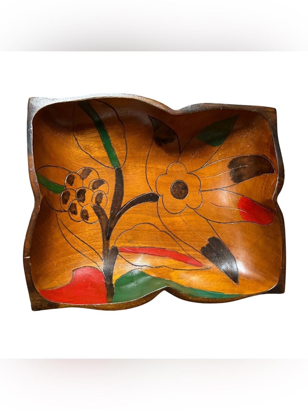 Vintage Hand Made Carved Painted Floral Folk Art Wood Bowl